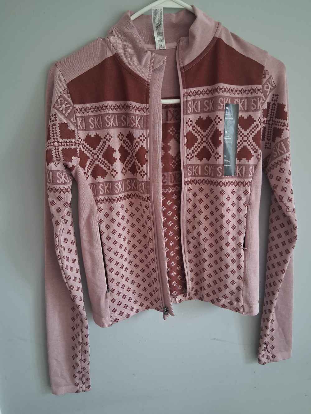 Pink Ski Patterned Zip-Up Sweater